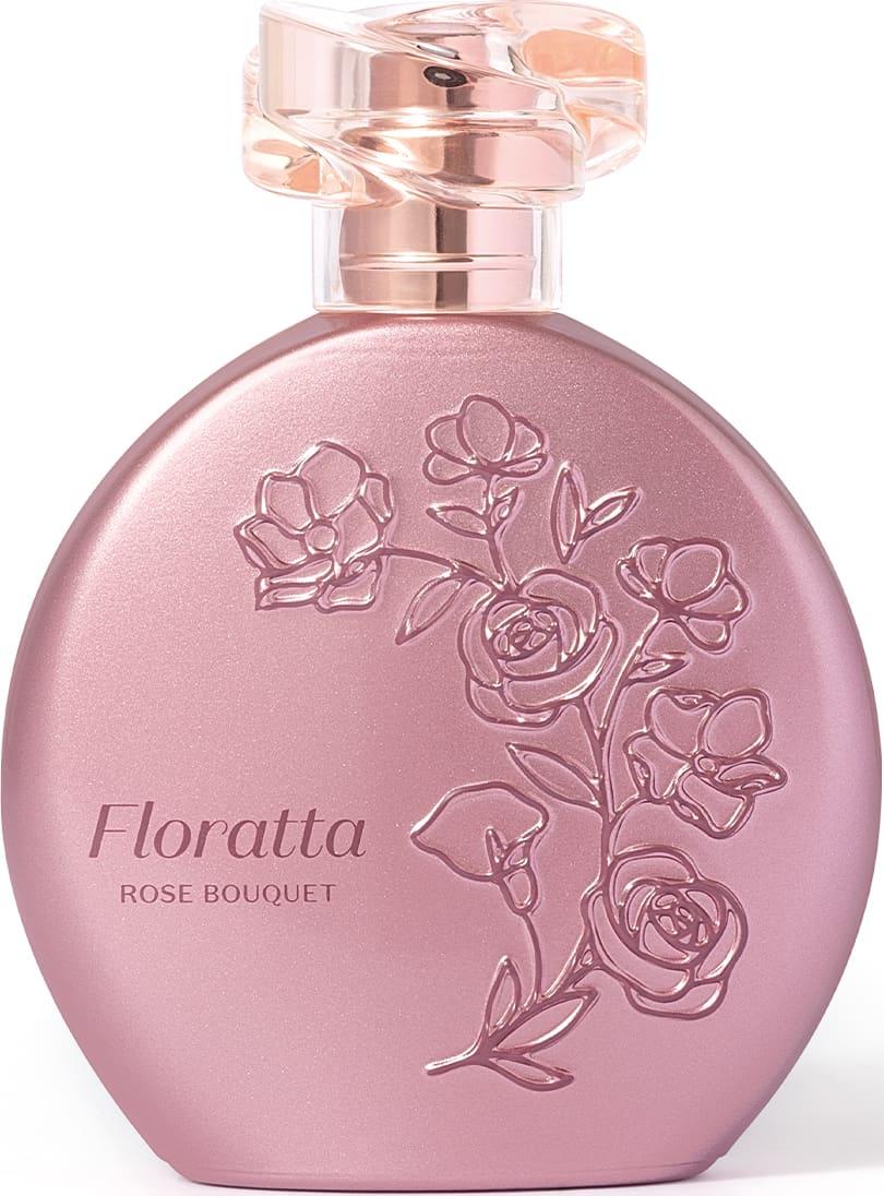 Frasco do perfume Floratta Rosé Bouquet em um fundo rosa